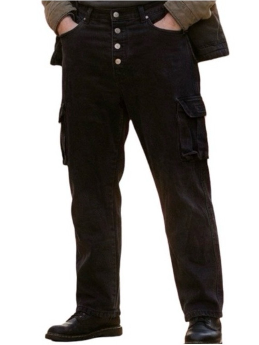 Custom Designer Black Denim Fleece Lined Cargo Pants 36x26.5
